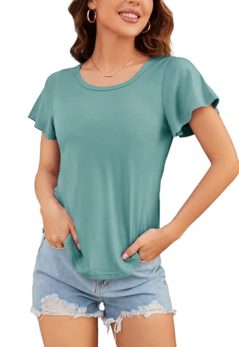 VANKOVISHION SUMMER SHORT SLEEVE T-SHIRTS ROUND NECK LIGHT BLUE TUNIC TOPS CASUAL BASIC TEES FOR WOMEN