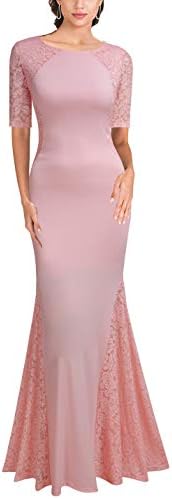 FORTRIC Women Short Sleeves Lace Side Wedding Party Bridesmaid Long Maxi Dress