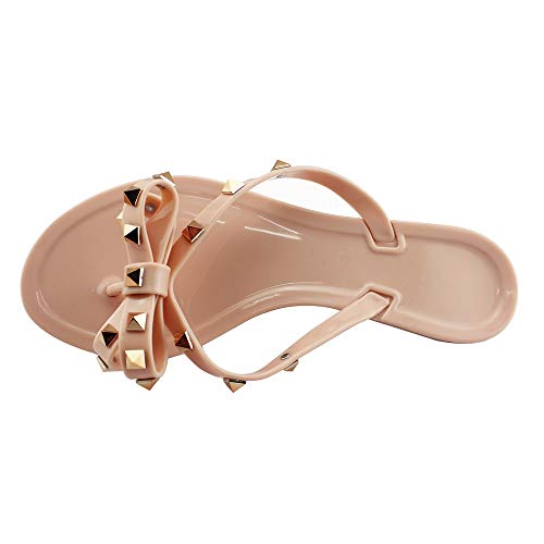 Utop Women’s Rivets Bowtie Flip Flops Jelly Thong Sandal Rubber Flat Slipper Summer Beach Rain Shoes Womens Gold Rivet Studded Bow Jelly Thong Flip Flop Sandals (US7.5=EU39=24.5CM, Beige Pink)