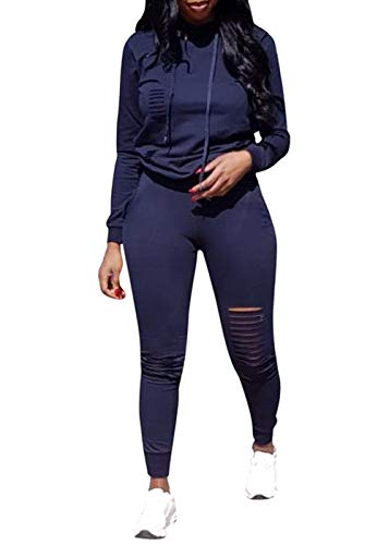 Women Casual Ripped Hole Pullover Hoodie Sweatpants 2 Piece Sport Jumpsuits Outfits Set (Navy, XXXL)