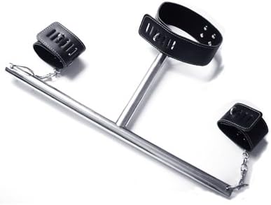 Metall T - Bar with Strict Black Leather Neck Collar and Hand Cuffs Sm 161 Leather