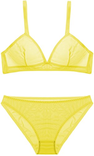 Women Hot Push Up Bra Thin Sheer Soft Underwear Bra And Panties Lingerie Set (L, Yellow)