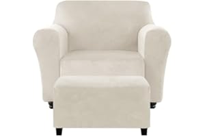 KSLHRCB Chair and Ottoman Cover Set, Armchair and Ottoman Velvet Cover Non-Slip, Stretch Single Seat Sofa and Foot Stool Covers Set for Living Room (Ivory,Chair + Ottoman)