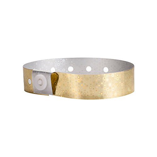 100 WristCo Gold Holographic Plastic Wristbands for Events – Extended Wear, Glowing Color Prevents Reuse – Premium-Grade Bracelets for Hospital & Medical ID, Party & VIP Identification