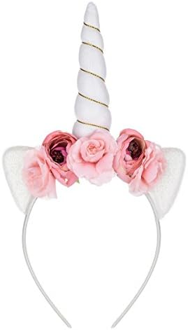 Unicorn Horn Headband Rose Flower Headdress Girls Halloween Shiny Cosplay Costume Easter Headpiece Party