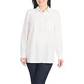 Hilary Radley Women's Roll Tab Sleeve Blouse, Button Down, Long Sleeve, Crinkle Top with Chest Pockets (US, Alpha, Large, Regular, Regular, Ivory)