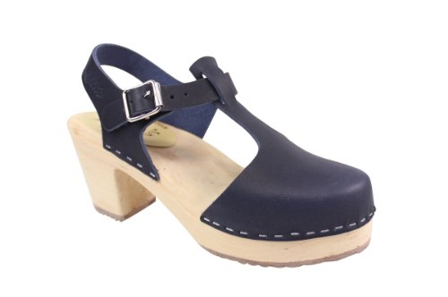 Lotta From Stockholm Highwood Tbar High Heel Clogs in Navy Blue Leather