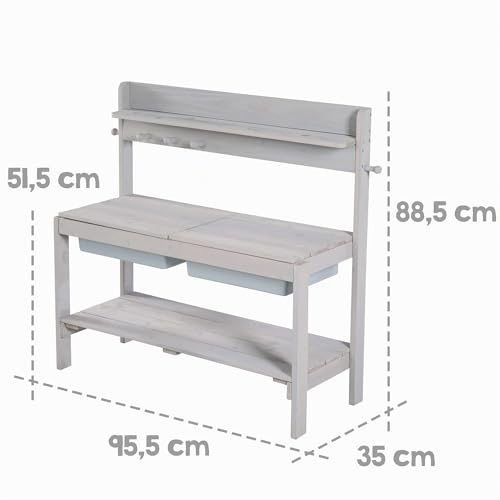 roba Children's Kitchen Sand and Water Fun – Multifunctional – Outdoor Table for Outdoor Activities with 2 Tubs – Lid in Solid Wood Lacquered Grey