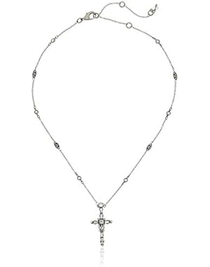 Crystal Baguette Silvertone Cross Pendant Necklace