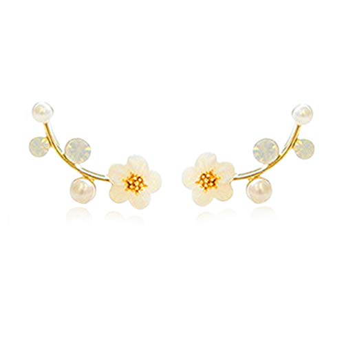 Ear Crawler Earrings Climbers Pearl Flower Ear Cuff Pin Vine Wrap Stud Crystal Rhinestone Clip On Jewelry Golden Plated