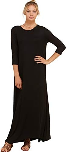 Annabelle Women's Uneven Hem Solid Knit 3/4 Sleeve Pocketed Casual Maxi Dresses S-3XL