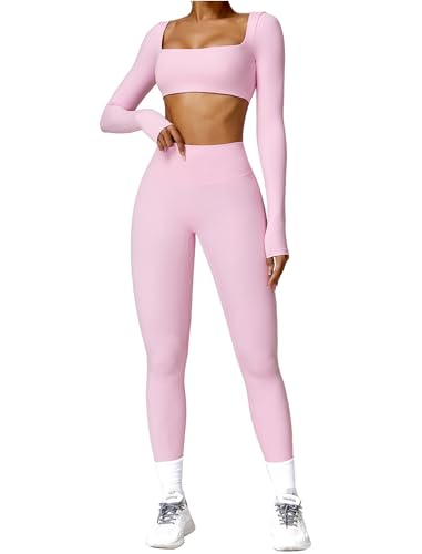 ABOCIW Conjuntos de entrenamiento para mujer, 2 piezas, parte delantera torcida, manga larga, pantalones cortos de cintura alta, leggings acampanados, conjuntos de gimnasio, Z-Rosa, M