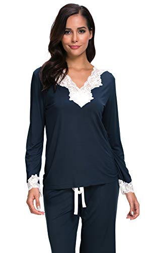Jusfitsu Womens Cotton Pajamas Set Long Sleeve Top Shirt with Pants Sleepwear Modal Soft Loungewear Lace Navy Blue M