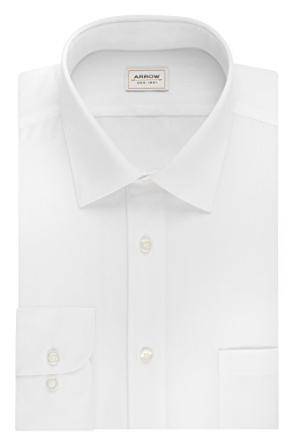 Arrow Men's Poplin Athletic Fit Solid Spread Collar Dress Shirt, White, 17-17.5