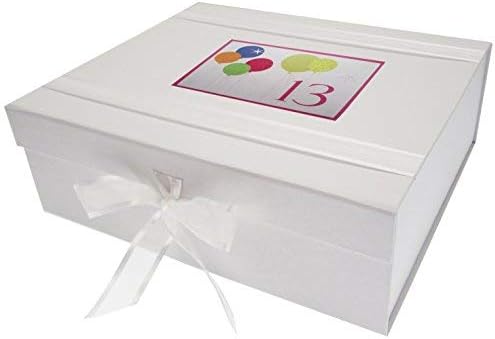 White Cotton Cards 13th Birthday, Large Keepsake Box, Neon Glitter Balloons, 27.2 x 32 x 11 cm
