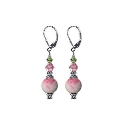 Gem Avenue Sterling Silver Round Gemstone with Pink and Green Swarovski Elements Crystal Handmade Drop Earrings
