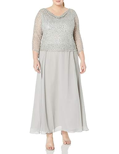 J Kara Women's Plus Size Long Beaded Dress with Cowl Neck, Silver