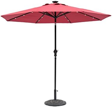 9' Round Solar Lighted Umbrella - 8 Rib (Scarlet) 32 super bright LED, Aluminium Frame, Crank &amp; Tilt Patio Furtinure