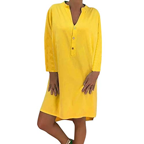 Winsummer Plus Size V Neck Button Down Tunic Dress Long Sleeve Loose Swing Casual Short T-Shirt Dresses Blouse Yellow - Thumbnail 5