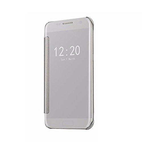 Samsung Galaxy J7 Prime Case,On7 2016 Case, DStores Luxury Premium Clear Slim View calls and alarms Flip Cover, Shiny Plating Make Up Mirror Smart Sleep/Awake Hard Case - Silver