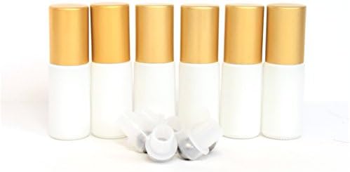 5mL Glass White Roller Bottles for Essential Oils. White bottles, steel rollers, matte gold lids. High quality leak proof bottles. Pack of 6.