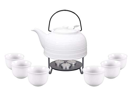 Teeservice âNellyâ. Moderne Teekanne 1,5 Liter in weiÃ-weià aus hitzebeständiger Keramik mit Edelstahlfilter, 6 Teecups 120ml in weiÃ-weià und Metall-Stövchen.