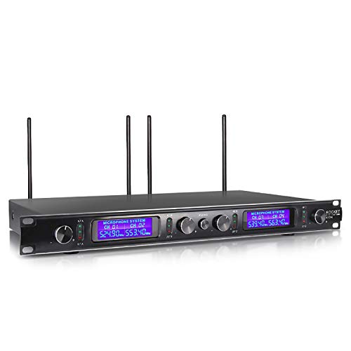 XTUGA EW240 UHF 4 Channel Wireless Bodypack Microphone System UHF Wireless Microphone System metal receiver with 4 transmitters Use for Family Party, Stage,Church, Small Karaoke Night (Frequency B)