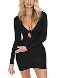 Navvour Women's Long Sleeve Deep V Neck Bandage Ruched Bodycon Club Mini Dress Black,X-Large