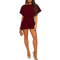 Quietcloud Women Fashion Summer Solid Color Short Sleeve Jumpsuit Bandage Shorts Romper Wine Red L