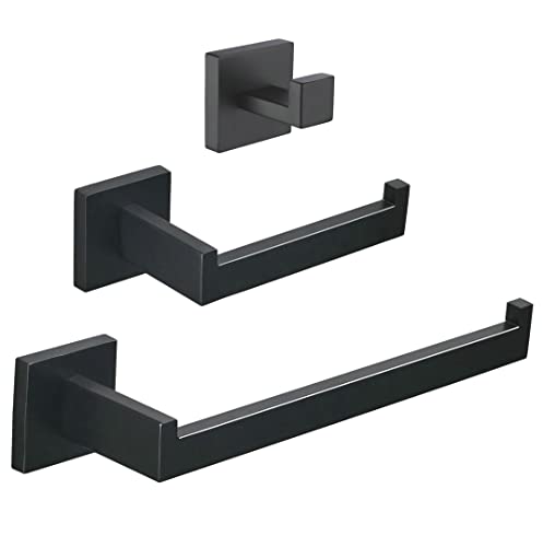 SHUNLI Schwarz Handtuchhalter+Toilettenpapierhalter+Haken, Badezimmer-Zubehör-3-Teiliges Handtuchhalter-Set, Wandhalterung, Edelstahl SUS304