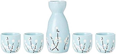 TJ Global 5-Piece Sake Set, Durable Ceramic Japanese Sake Set with 1 Carafe/Decanter/Tokkuri Bottle and 4 Ochoko cups for Hot or Cold Sake at Home or Restaurant - Blue with Cotton Design