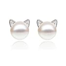 S.Leaf Cat Ear Stud Earrings Freshwater Cultured Pearl Stud Earrings Sterling Silver Ear Studs