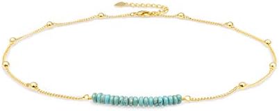 18K Gold Satellite Beaded Curb Ball Chain Choker Turquoise Beads Bar Necklace Handmade Pendant Jewelry Adjustable for Women 16”+ 2”