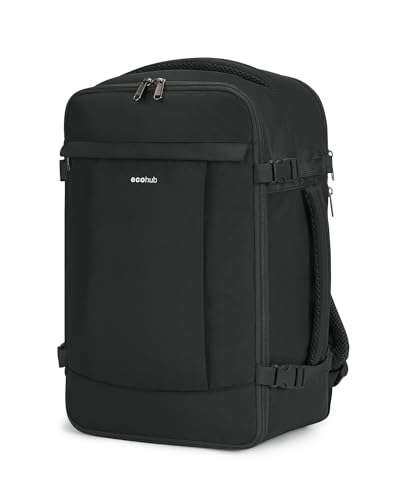 ECOHUB Ryanair 20L Backpack, 40 x 20 x 25 cm, Airplane Travel Backpack with 3D Laptop Compartment, Water Resistant Hand Luggage 40 x 20 x 25 cm, Ryanair, Recycled Travel Backpack for Women, Men, Black