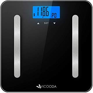 Digital Body Weight Scale, VICOODA Bathroom Scale with Backlit LCD Display, Measures Body Weight/Fat/Water/Muscle Mass/Bone Mass/BMI/Calorie,400 Pounds, 6mm Tempered Glass, Black (Black)