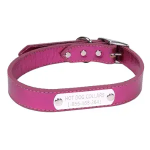 Hot Dog Collars Personalized Leather Dog Collar with Engraved Nameplate, Metallic Pink Leather, Small