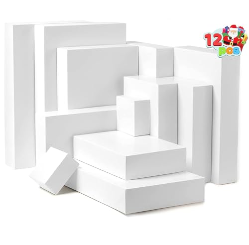 JOYIN 12 PCS Christmas Shirt Gift Boxes with Lids, 4'' Deep Large 4 Different Sizes White Assorted Cardboard Robe Boxes for Presents Clothes Wrapping, Xmas Holiday Birthday Wedding Gifts Package Decor