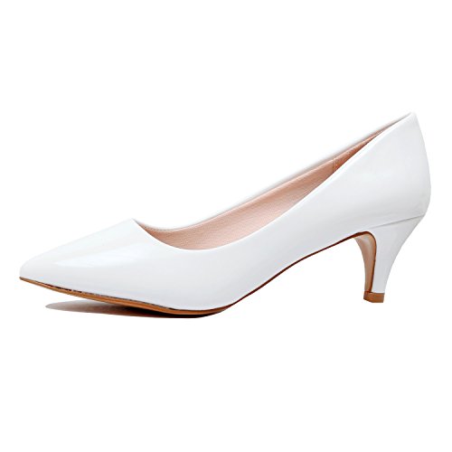 Guilty Heart | Womens Classic Pointy Toe Low Kitten Heel | Office Dress Slip On Fashion Pump | 22 Colors (10 B(M) US, 16-White-Patent)