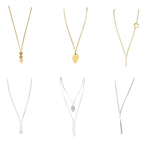 Fashion Long Necklace Pack 6 Pcs,Crytech Trendy Gold/Sterling Silver Geometric Triangle Oval Pendant Necklace Bar Circle Sideway Lariat Layered Feather Long Chain Tassel Necklace for Women (A)
