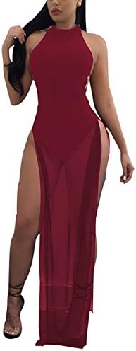 Bluewolfsea Women's Sexy Bodycon Clubwear Halter Sheer Mesh Bodysuit Maxi Dress
