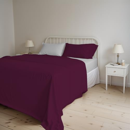 Italian Bed Linen Natural Colour Bed Sheet Set, Linen Cotton, Plum/Light Grey, Double