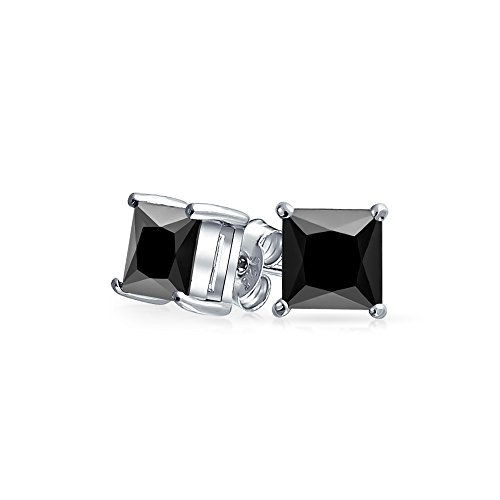 .75CT Black Square Cubic Zirconia Princess Cut CZ Stud Earrings For Women Men 925 Sterling Silver