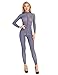 Agoky Women's One Piece See Through Mesh Sheer Long Sleeve Zipper Front Turtleneck Bodystocking Teddy Bodysuit Gray Large