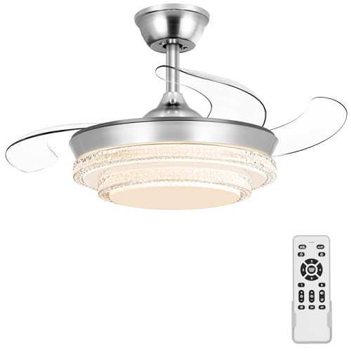 Ohniyou Ventilador de Techo Retráctil de 36 Pulgadas con Luz y Control Remoto, 6 Velocidades, Luz Regulable, Motor Reversible, Ventilador de Techo Moderno para Dormitorio Sala de Estar, Plateado
