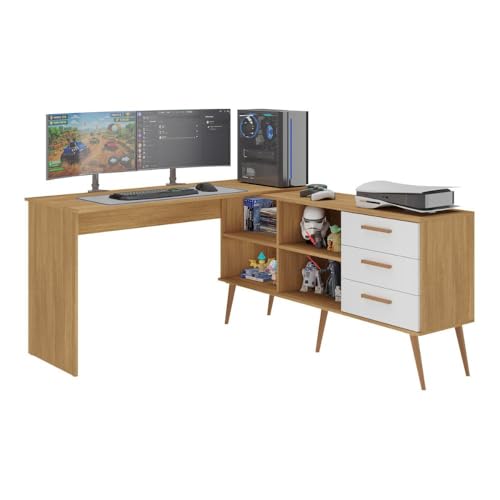 Mesa Gamer em L para Computador com 3 Gavetas Nexus Multimóveis Mp6048 Madeirado/branco