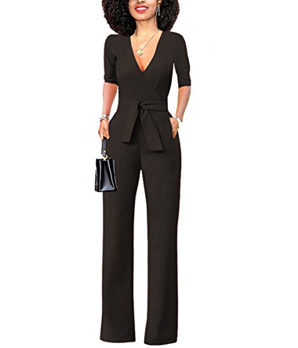 Chic-Lover Women's Elegant Solid Jumpsuit Short Sleeve Wrap Top High Waisted Wide Leg Long Pants Jumpsuits Romper with Belt Black M