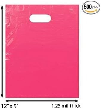 500 Pack 9" x 12" with 1.25 mil Thickness Pink Merchandise Plastic Glossy Retail Bags | Die Cut Handles | Perfect for Shopping, Party Favors, Birthdays, Children Parties | Color Pink | 100% Recyclable