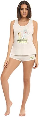 PanTeez Rick and Morty Women's Junior Fit Sleep Tank/Short Set Lounge Set Pajama Girls Sleep Set (X-Large, Beige/Mint - Peace Among Worlds)