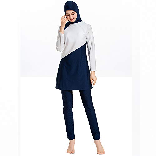 XDXART Frauen Modest Muslim Badeanzug Siamese Tops Hut Langhose Langarm Bademode Beachwear islamischen Kostüm (Navy Blue… – Bild 3