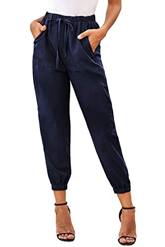 NEWFANGLE Women\'s Linen Casual Pants Drawstring Elastic Waist with Pockets Solid Comfy Loose Fit Trousers,Navy Blue,XXL